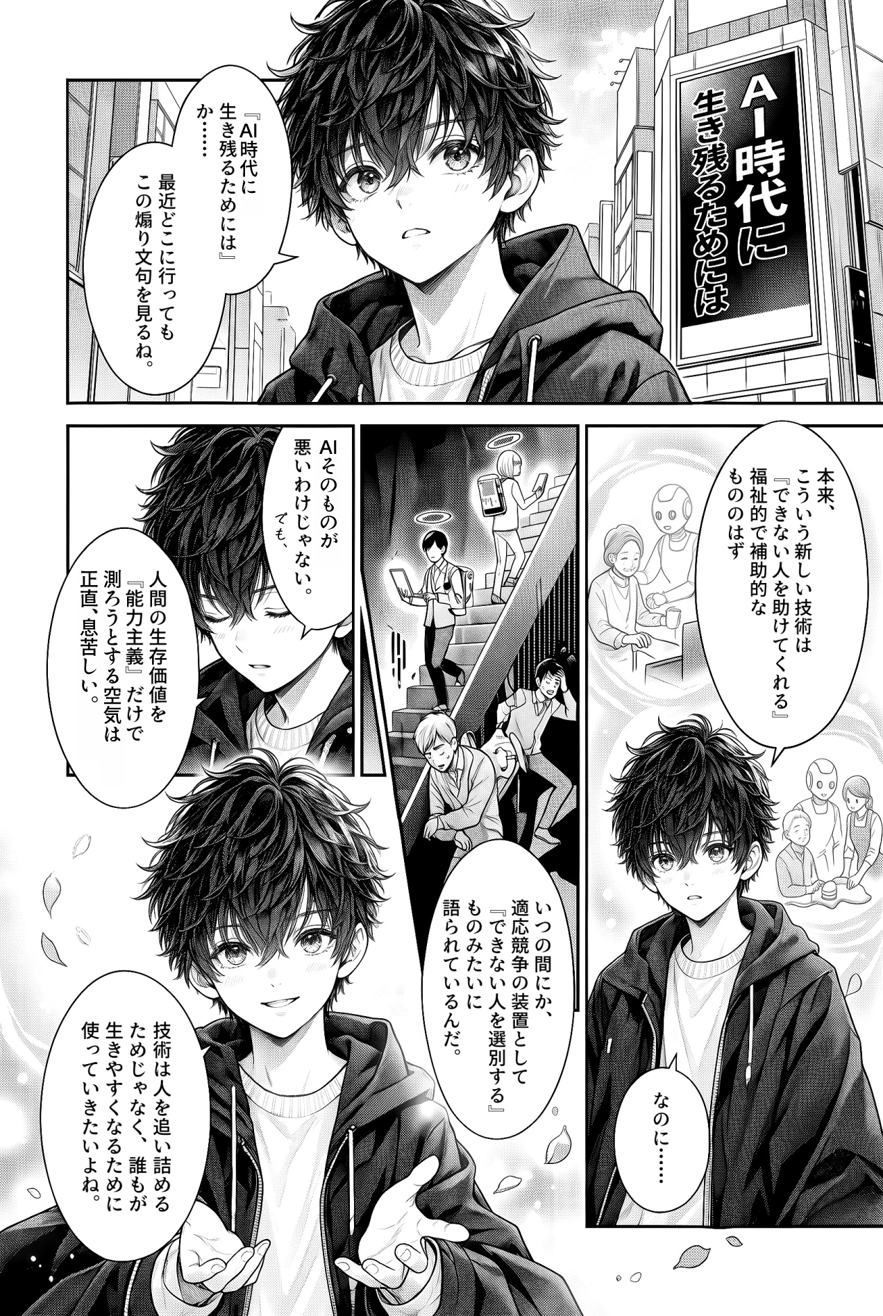 5コマの白黒漫画。街のビルに掲げられた「AI時代に生き残るためには」という文句を見上げたパーカー姿の少年が、介護を手伝うロボットの情景と、端末を持つ人だけが階段を上っていく情景を思い浮かべながら、技術が「できない人を選別する」装置のように語られることへの息苦しさを語り、最後に両手を差し出して、技術は誰もが生きやすくなるために使っていきたいと語る。