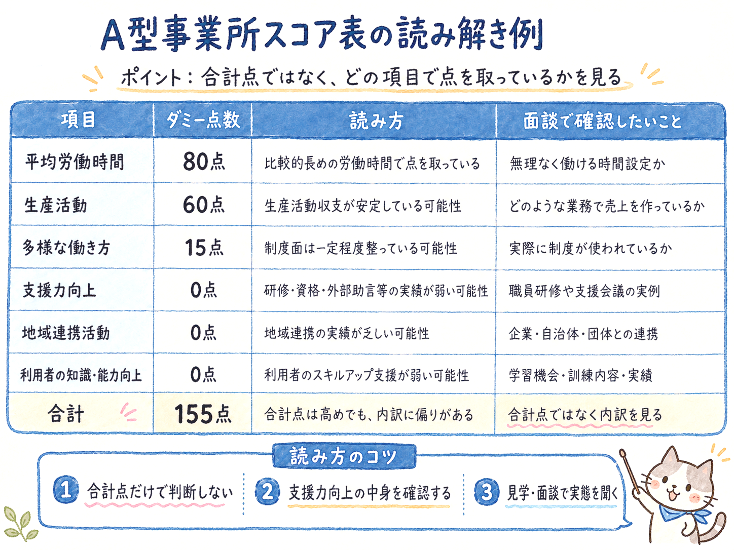 A型事業所スコア表の読み解き例。平均労働時間80点、生産活動60点、多様な働き方15点、支援力向上0点などのダミーデータを表にした手書き風図解。